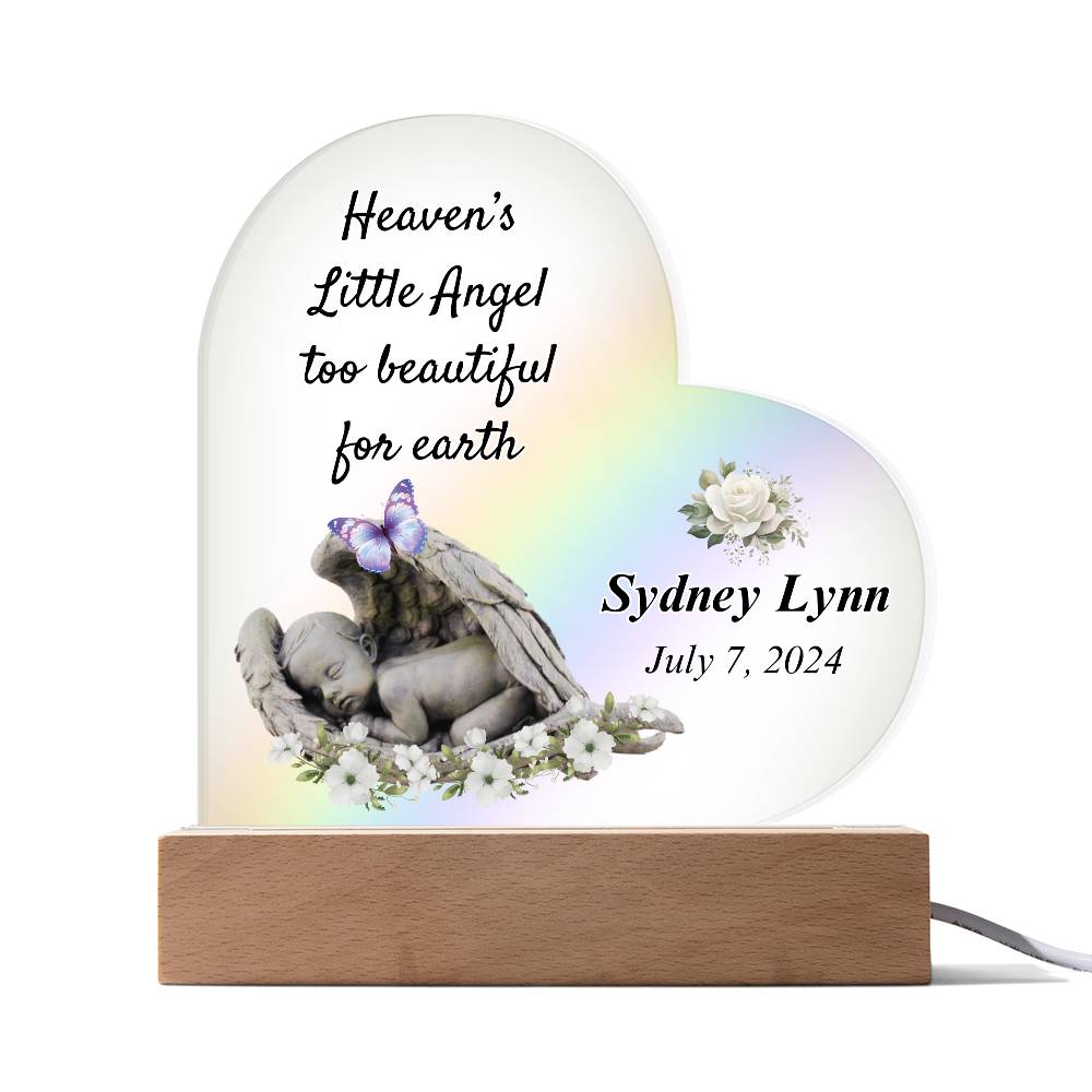 Heaven's Little Angel Acrylic Heart Plaque - Sympathy Gift for Loss of Baby with LED Light Base