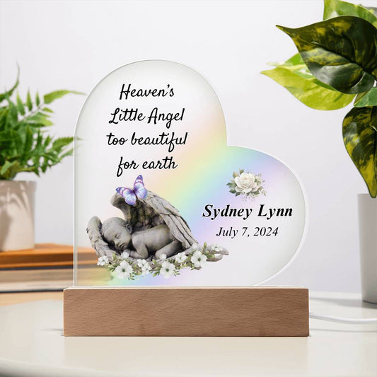 Heaven's Little Angel Acrylic Heart Plaque - Sympathy Gift for Loss of Baby with LED Light Base