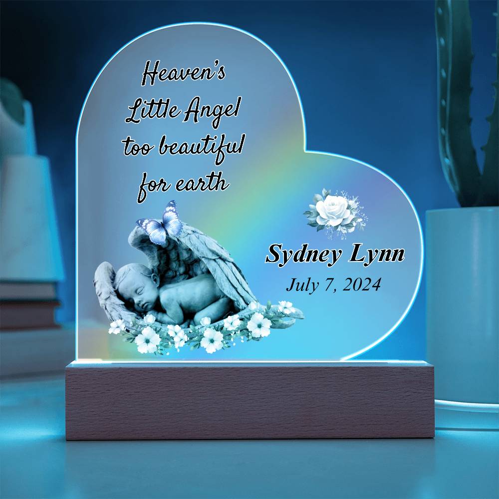 Heaven's Little Angel Acrylic Heart Plaque - Sympathy Gift for Loss of Baby with LED Light Base