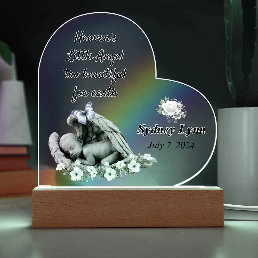 Heaven's Little Angel Acrylic Heart Plaque - Sympathy Gift for Loss of Baby with LED Light Base