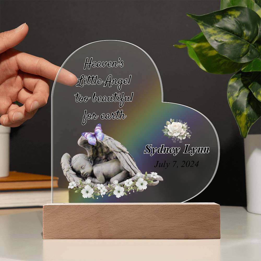 Heaven's Little Angel Acrylic Heart Plaque - Sympathy Gift for Loss of Baby with LED Light Base