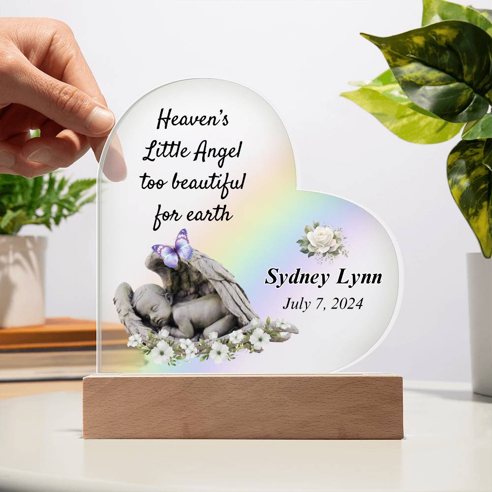 Heaven's Little Angel Acrylic Heart Plaque - Sympathy Gift for Loss of Baby with LED Light Base