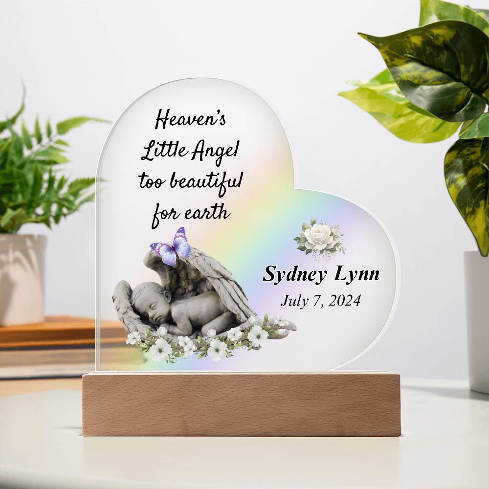 Heaven's Little Angel Acrylic Heart Plaque - Sympathy Gift for Loss of Baby with LED Light Base