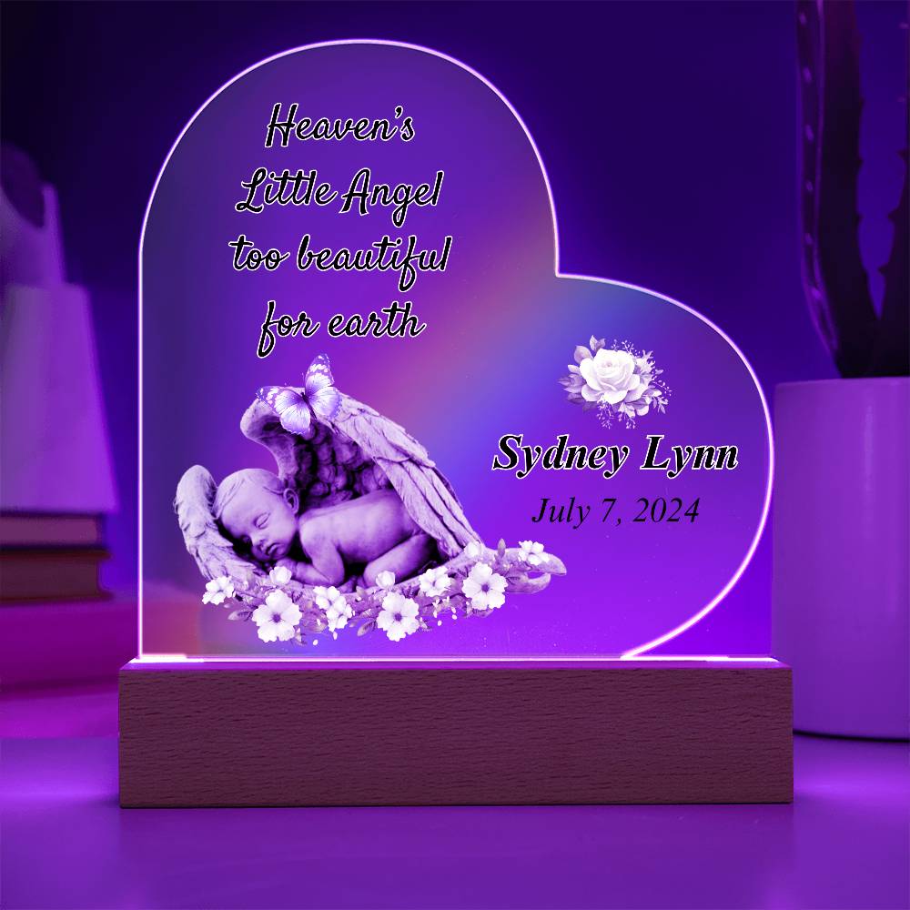 Heaven's Little Angel Acrylic Heart Plaque - Sympathy Gift for Loss of Baby with LED Light Base