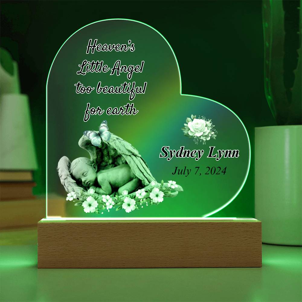 Heaven's Little Angel Acrylic Heart Plaque - Sympathy Gift for Loss of Baby with LED Light Base