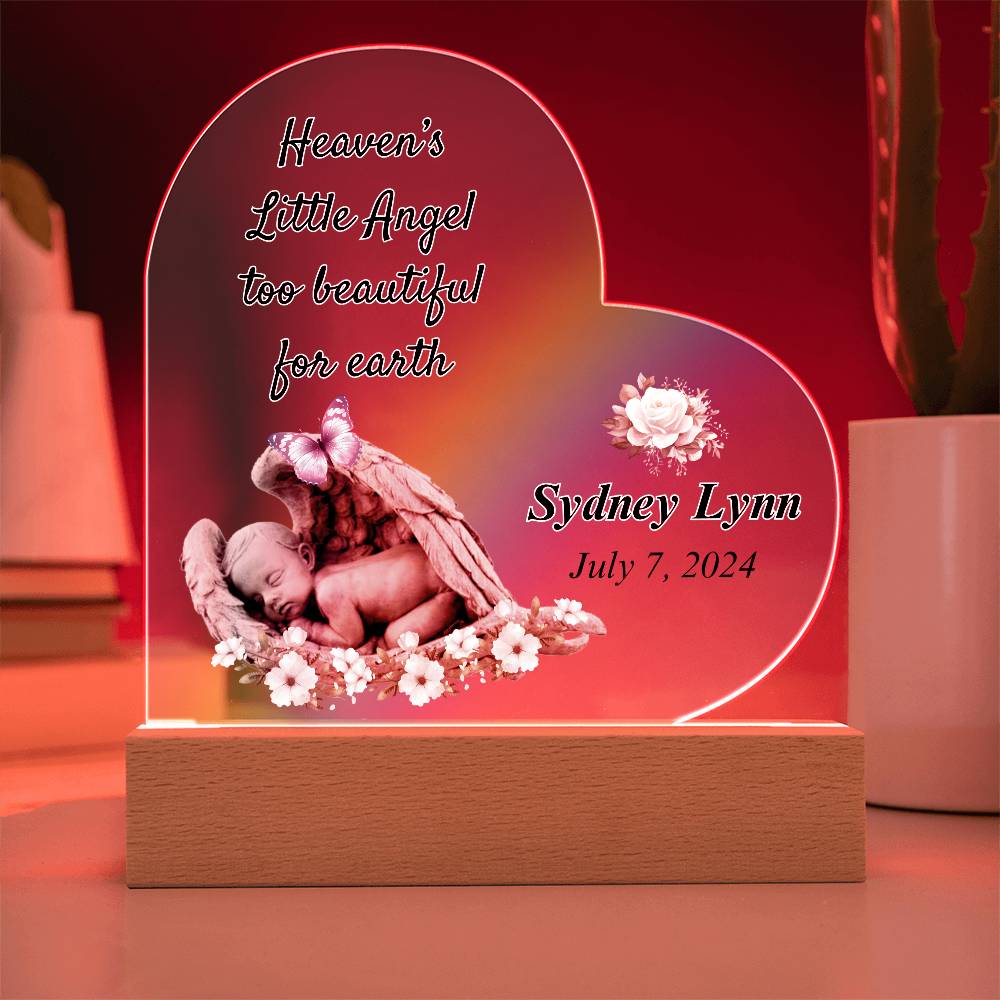 Heaven's Little Angel Acrylic Heart Plaque - Sympathy Gift for Loss of Baby with LED Light Base