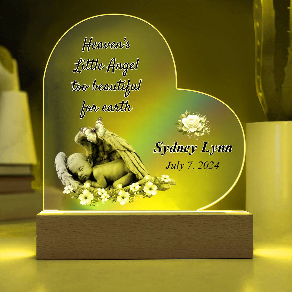 Heaven's Little Angel Acrylic Heart Plaque - Sympathy Gift for Loss of Baby with LED Light Base