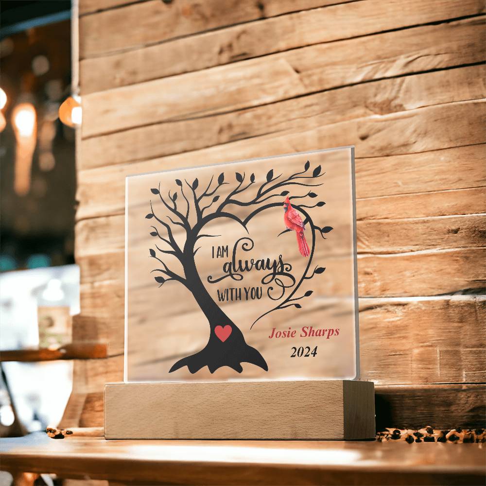 square acrylic plaque with base 7"x7" - tree and cardinal wording I'm always with you.  Personalized with name.