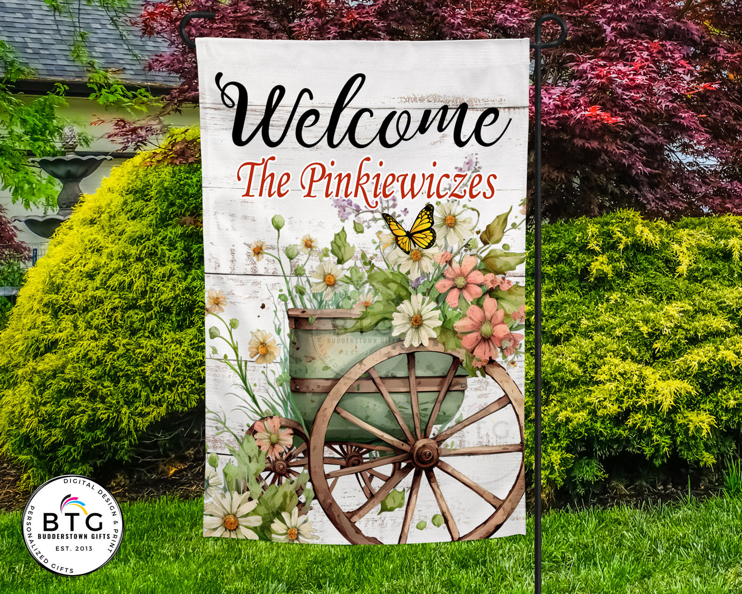 Personalized Garden Flag Wagon Wheel Butterfly Daisies - Country Garden Flag