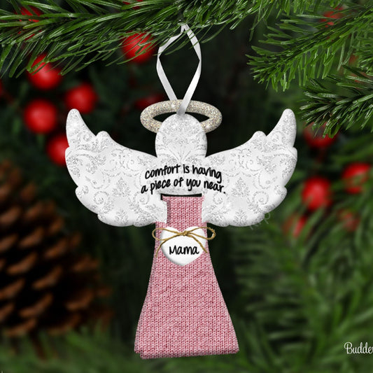 Angel ornament that holds a piece of fabric from a loved ones clothing