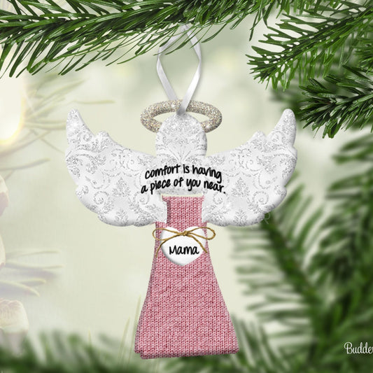 Angel ornament that holds a piece of fabric from a loved ones clothing