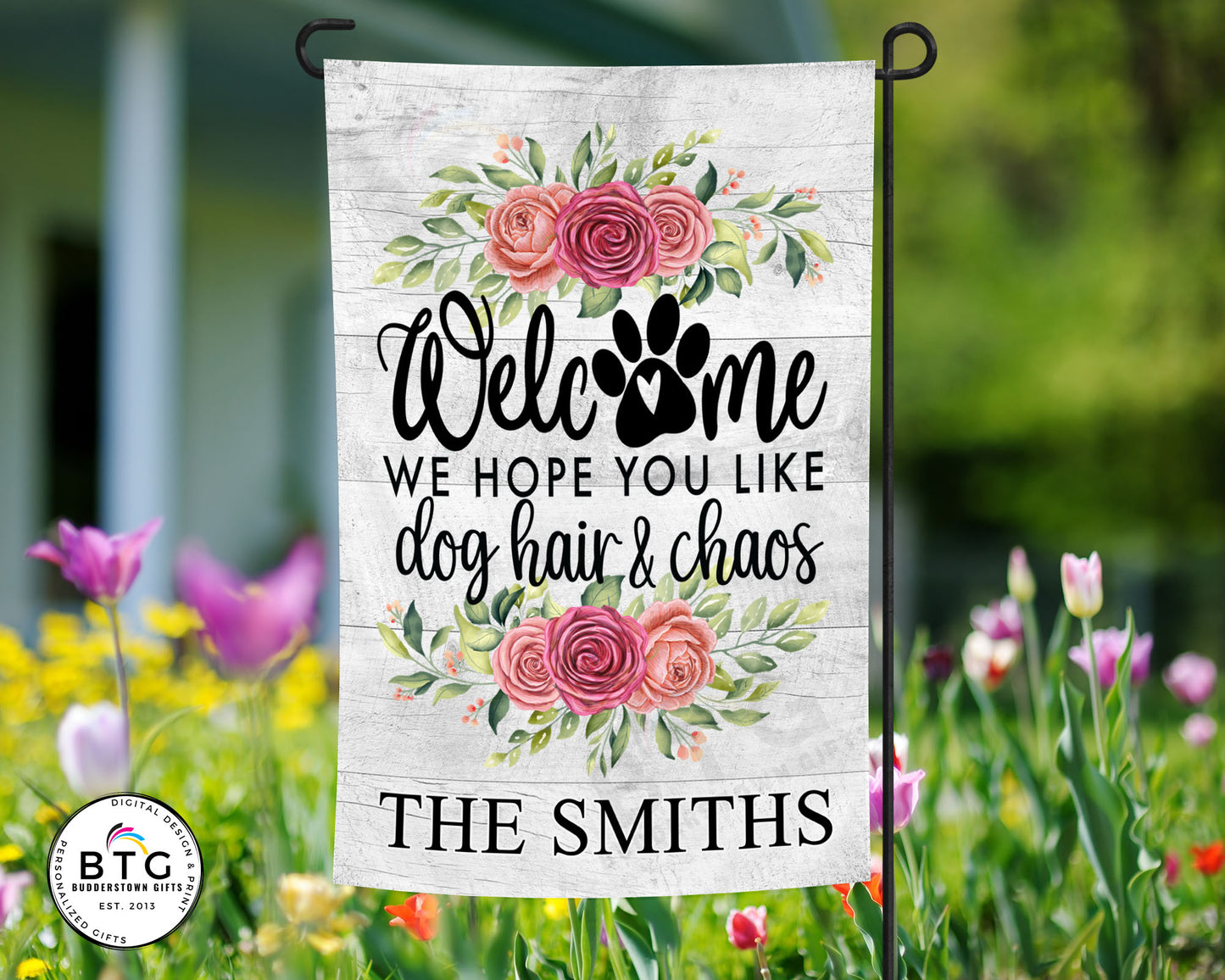 Dog Hair & Chaos - Welcome Garden Flag - Outdoor Flag - Personalized Flag