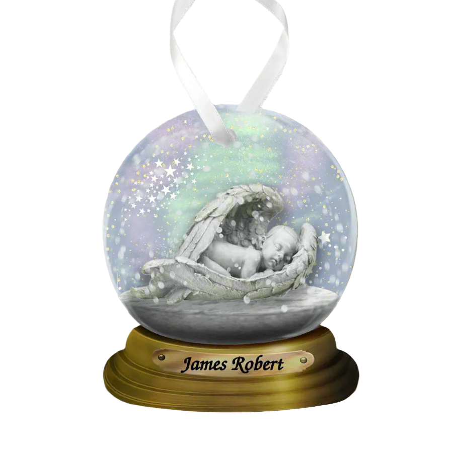 wood globe ornament printed with angel baby - loss of baby