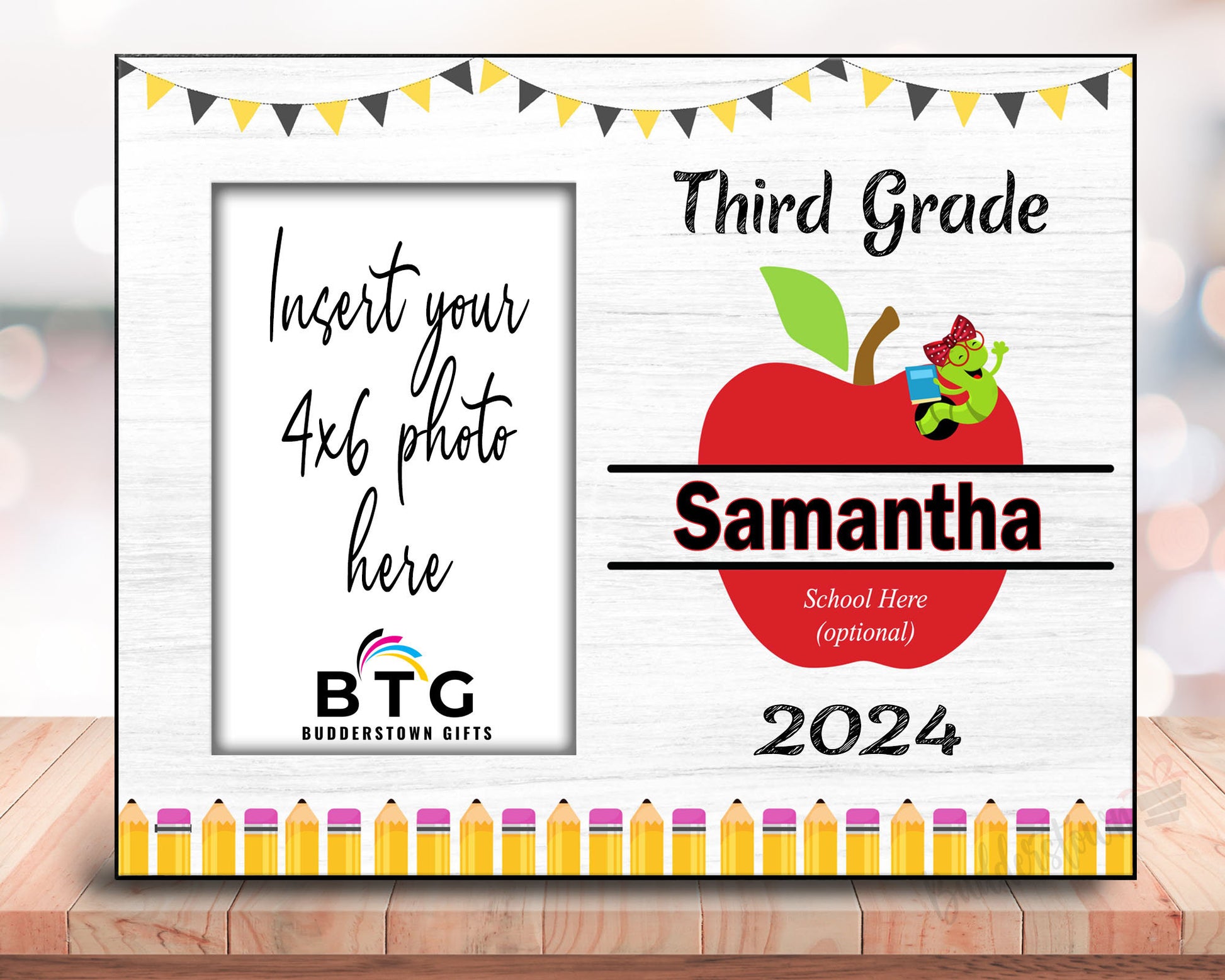 8x10 with 4x6 photo frame for the start of 3rd grade or end of the year.  Personalized with name, school and year.  Has an apple and worm with or without bow.