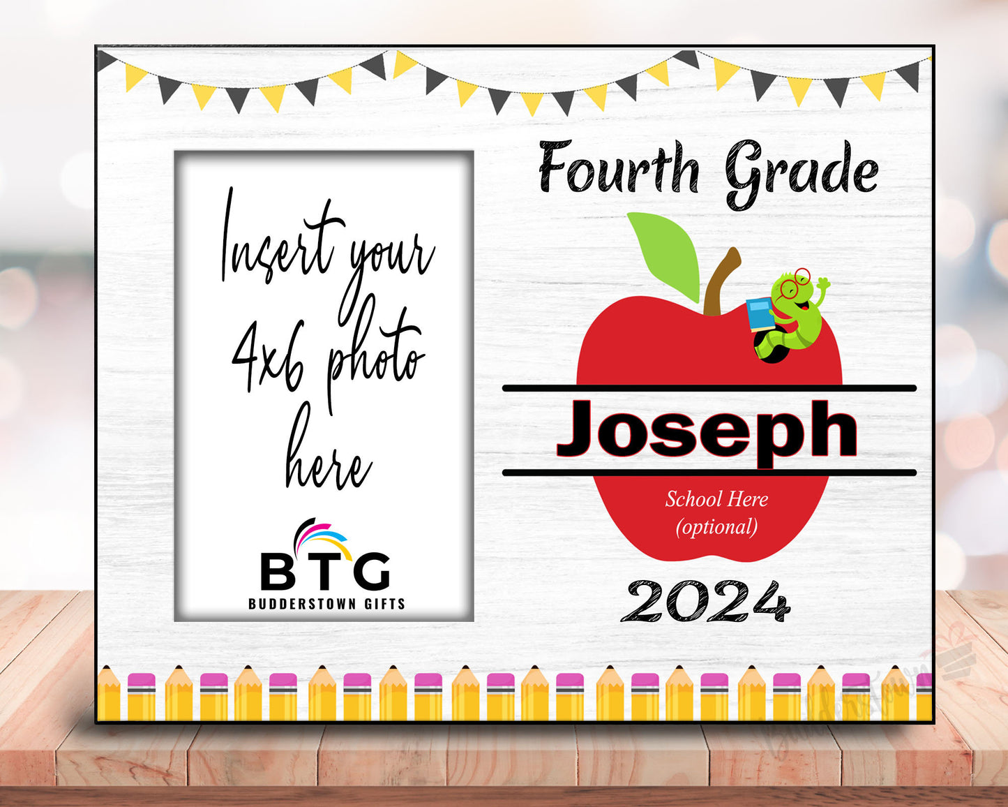 8x10 with 4x6 photo frame for the start of Fourth grade or end of the year.  Personalized with name, school and year.  Has an apple and worm with or without bow.