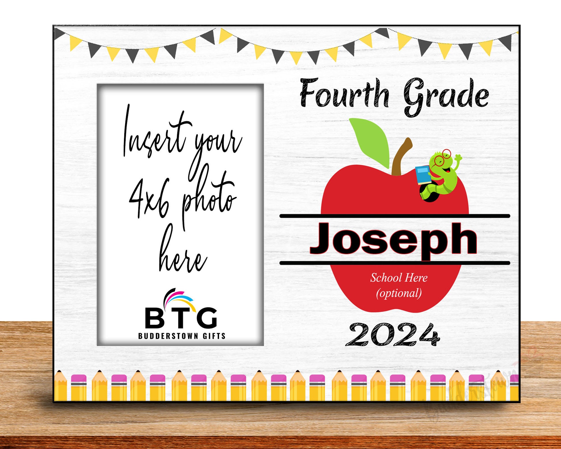 8x10 with 4x6 photo frame for the start of Fourth grade or end of the year.  Personalized with name, school and year.  Has an apple and worm with or without bow.