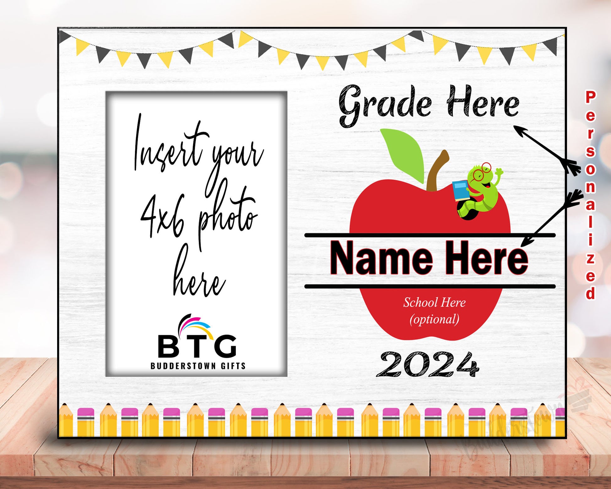 8x10 with 4x6 photo frame for the start of Fourth grade or end of the year.  Personalized with name, school and year.  Has an apple and worm with or without bow.