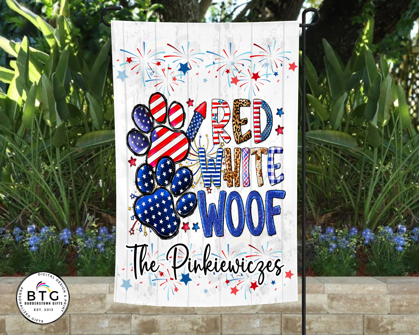 Patriotic Garden Flag - Red White Woof - Personalized Garden Flag for Dog Lover