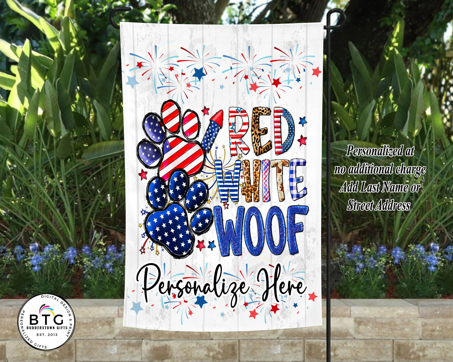 Patriotic Garden Flag - Red White Woof - Personalized Garden Flag for Dog Lover