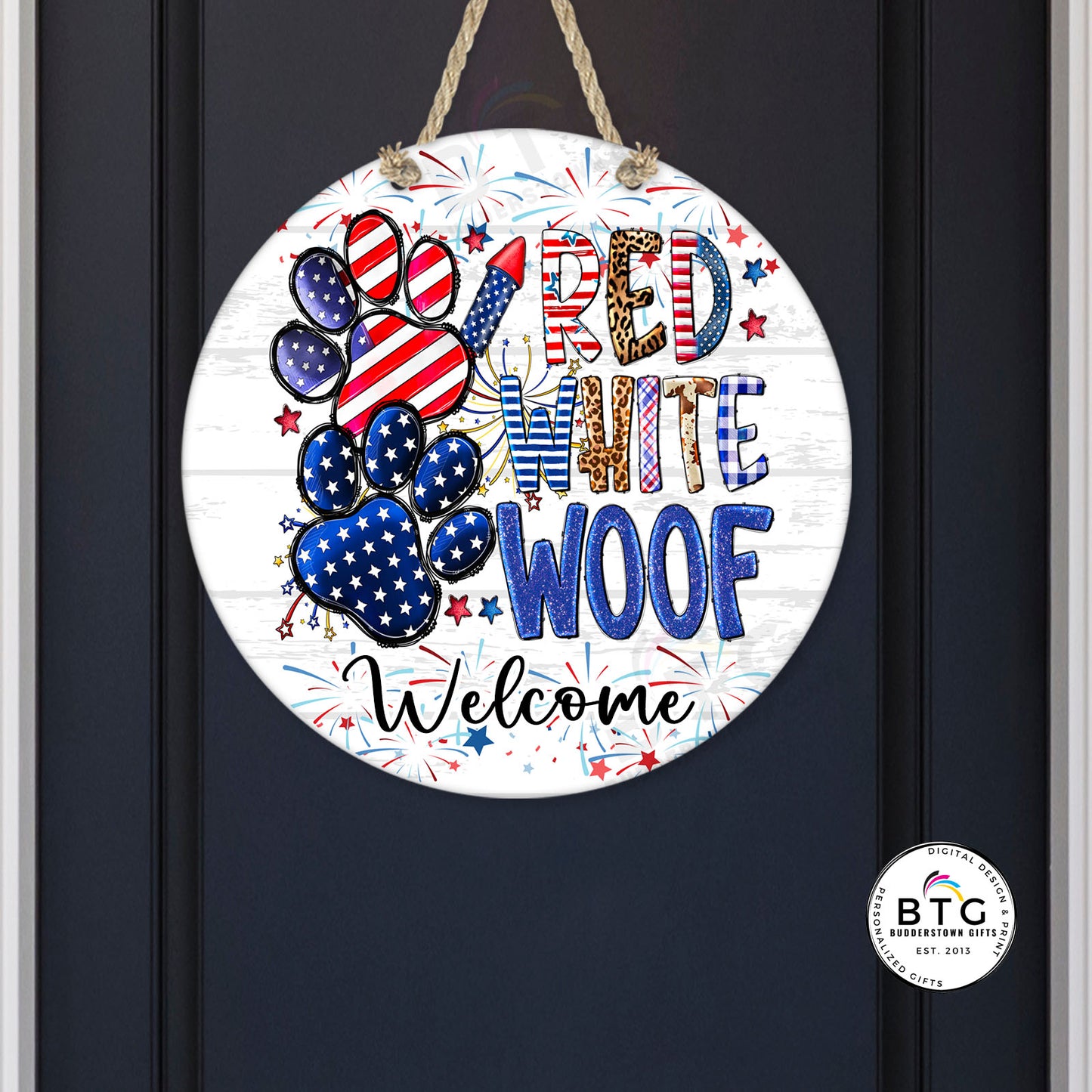 Red White Woof Americana Door Hanger - Personalized - Dog Lover Gift