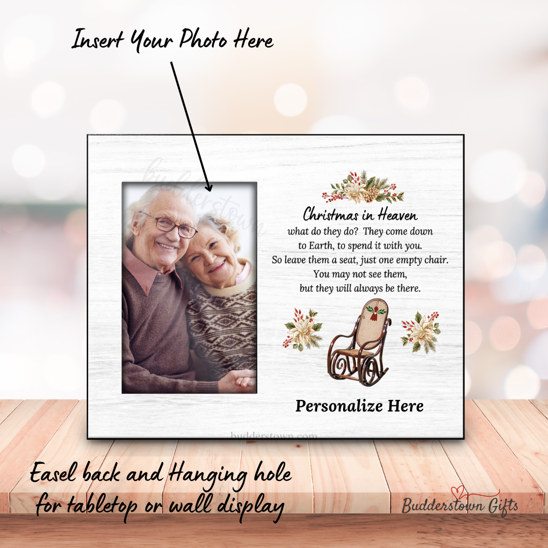 Christmas in Heaven memorial photo frame with rocking chair and floral accents.4x6 photo insert - 8x10 frame