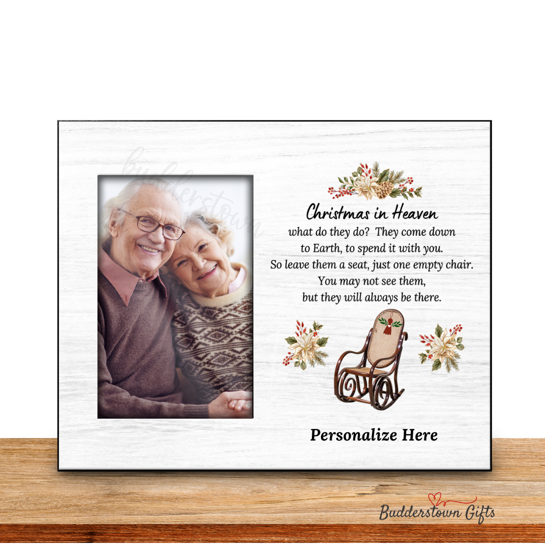 Christmas in Heaven memorial photo frame with rocking chair and floral accents.4x6 photo insert - 8x10 frame