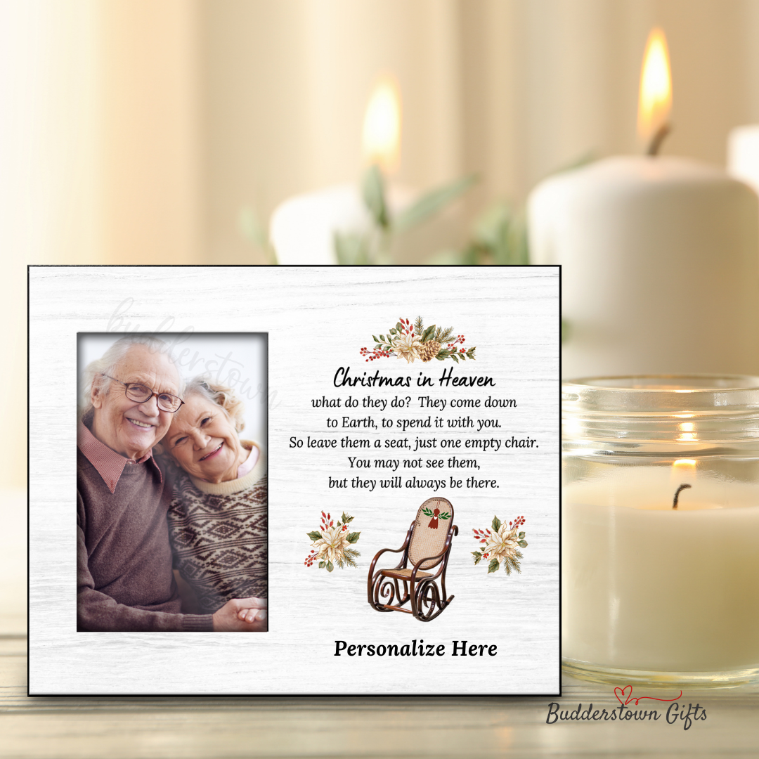 Christmas in Heaven memorial photo frame with rocking chair and floral accents.4x6 photo insert - 8x10 frame