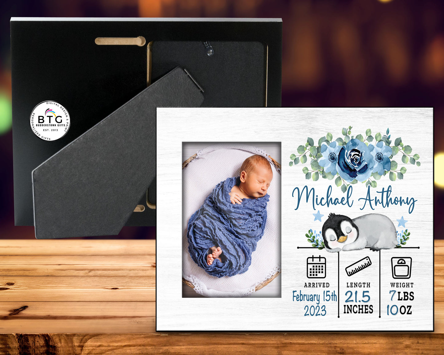 Personalized Birth Announcement Picture Frame with Stats - Blue