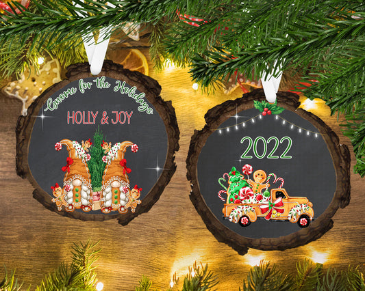 Gnome - Female Couple - Wood Slice - Personalized Ornament - Gnome for the Holidays - Gay Couple Ornament
