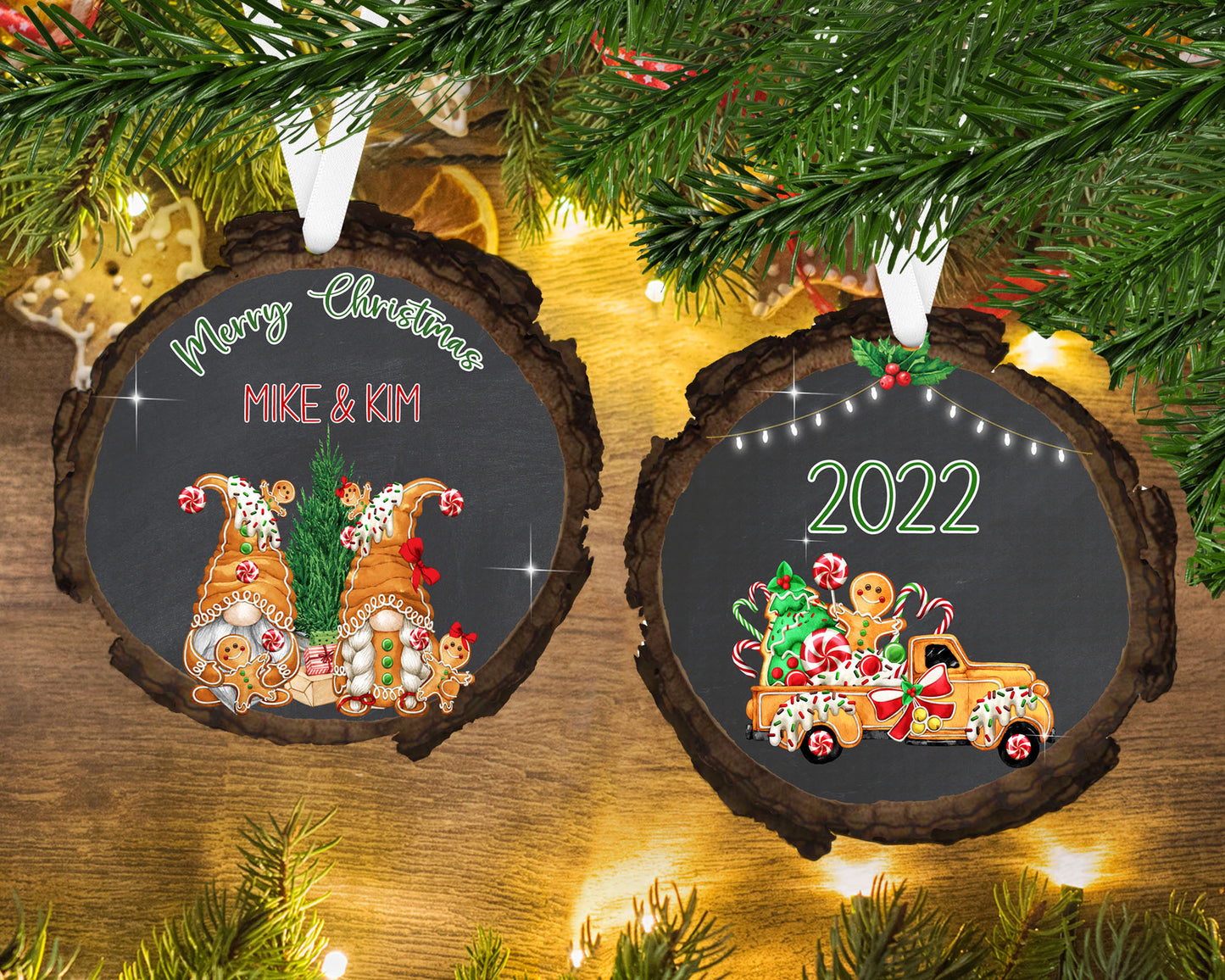 Gingerbread Gnome Couple - Wood Slice - Personalized Ornament - Couples Ornament