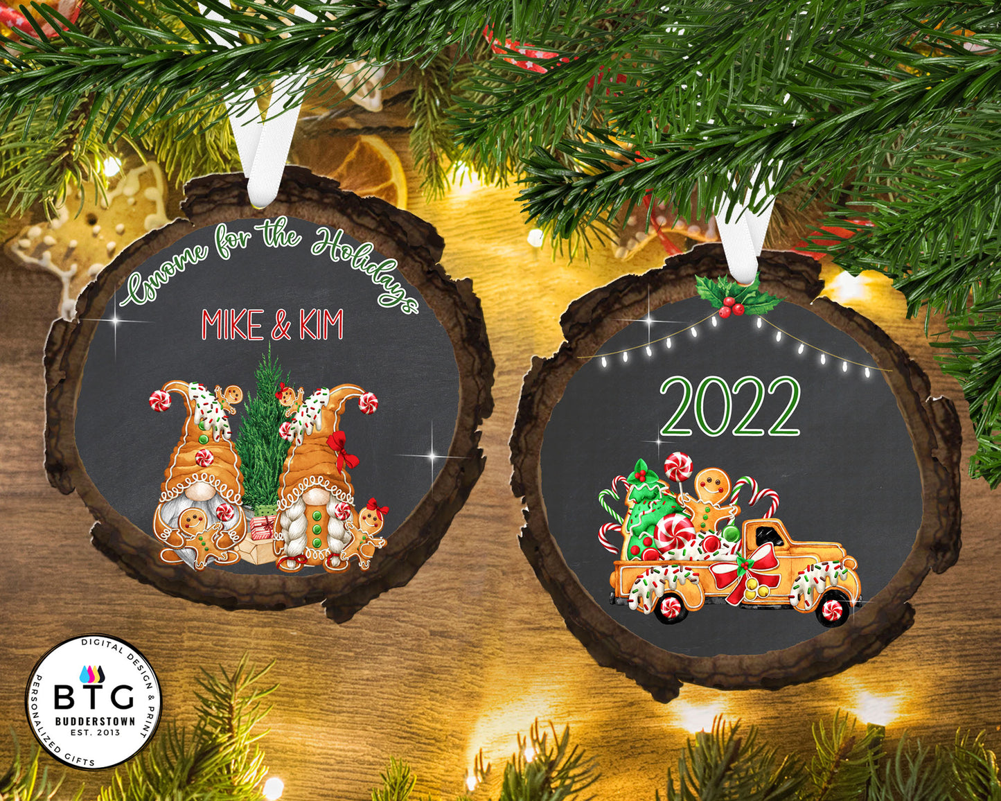 Gingerbread Gnome Couple - Wood Slice - Personalized Ornament - Couples Ornament