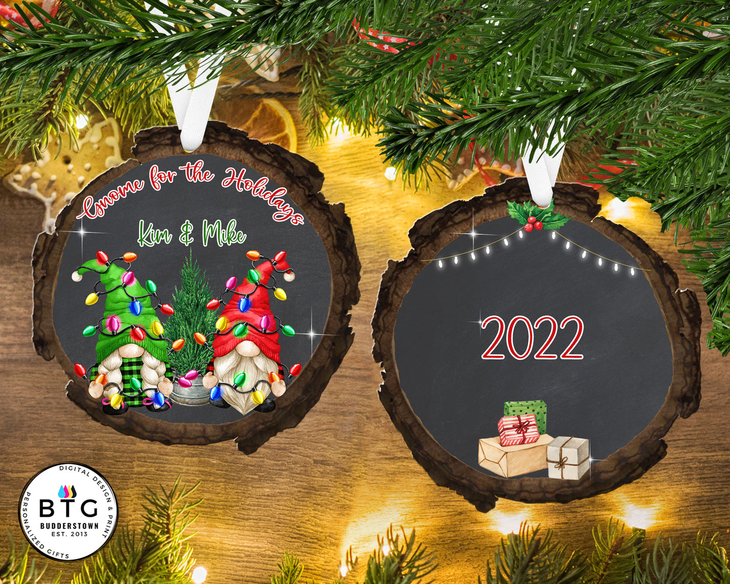 Xmas Light Chaos Gnome Couple - Wood Slice - Personalized Ornament - Couples Ornament