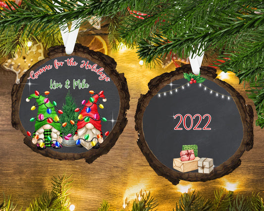 Xmas Light Chaos Gnome Couple - Wood Slice - Personalized Ornament - Couples Ornament