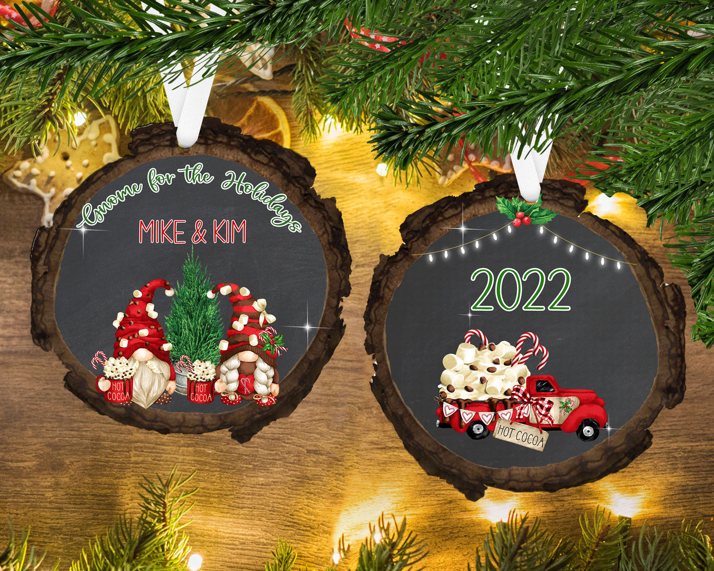 Hot Cocoa Gnome Couple - Wood Slice - Personalized Ornament - Couples Ornament