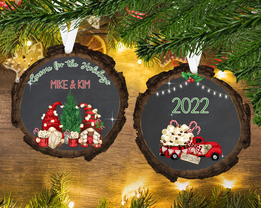 Hot Cocoa Gnome Couple - Wood Slice - Personalized Ornament - Couples Ornament