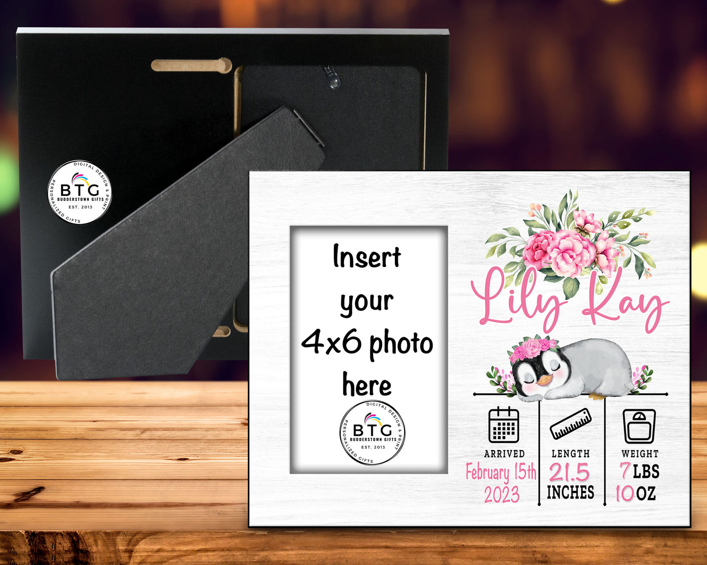 Personalized Birth Announcement Picture Frame with Stats - Pink