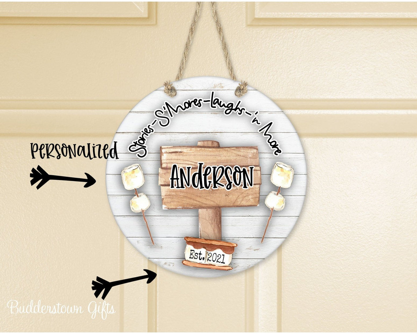 Stories, Smores, Laughs & More - door sign