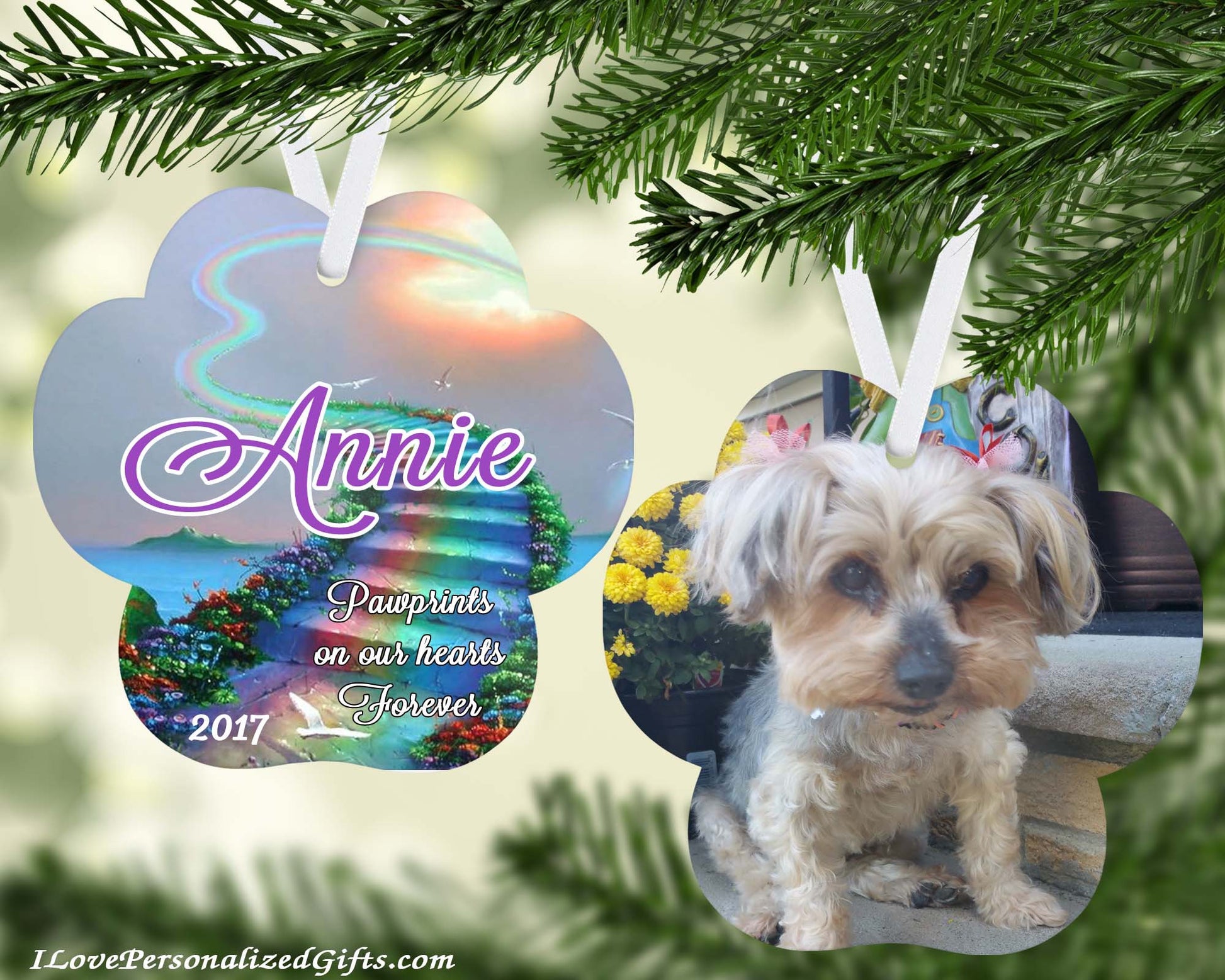 a picture of a pawprint hanging from a christmas tree.  double sided photo on  one side name on other with rainbow bridge in the background