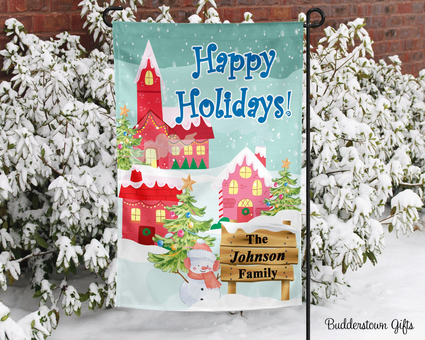 Small Town Snowman - Garden Flag - Single Sided - winter garden flag