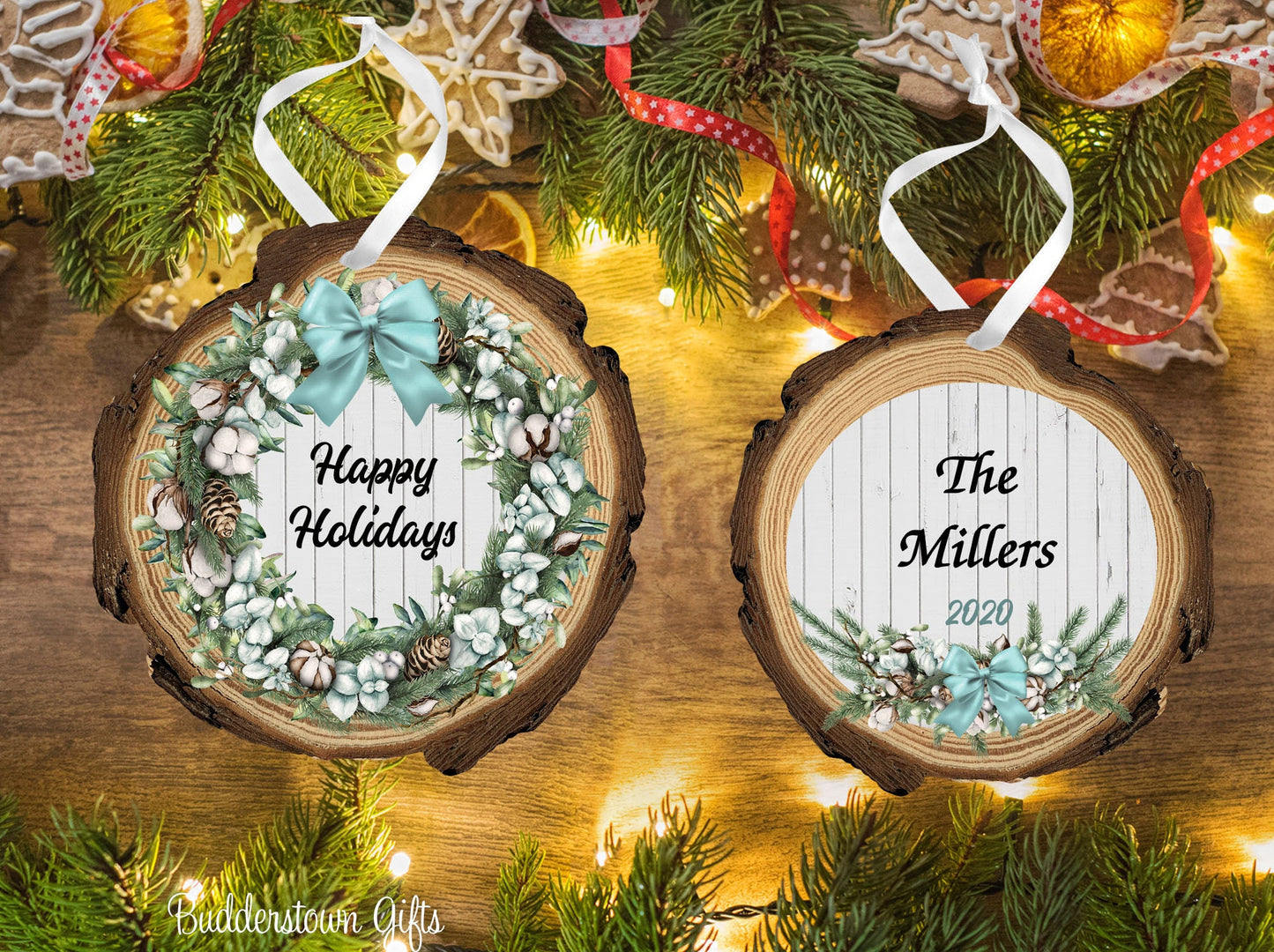 Pinecone and Teal - Wood Slice Ornament -  Tiffany Color Personalized Ornament