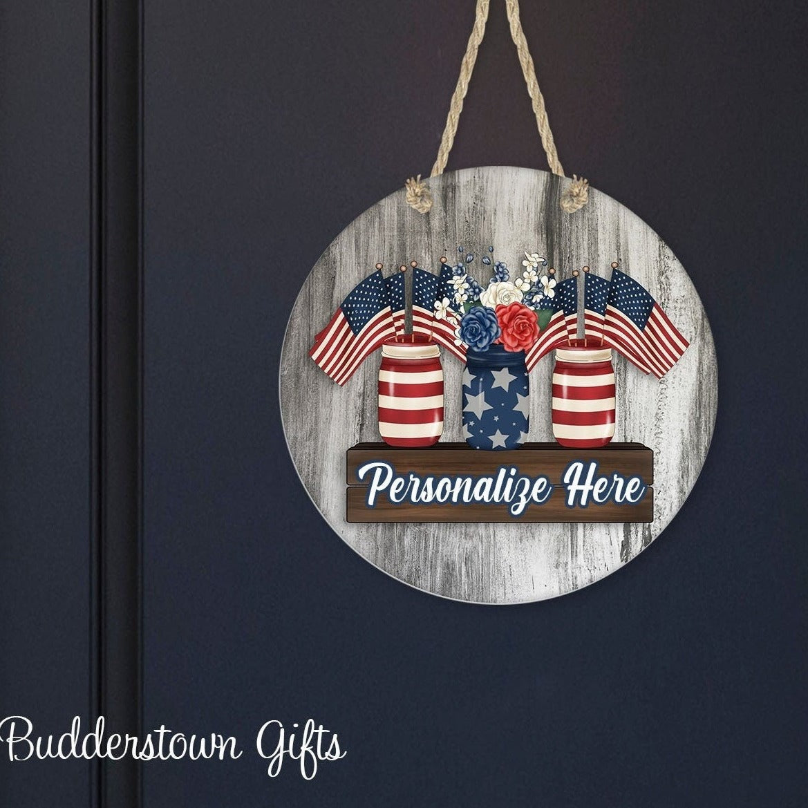 Mason Jar Americana Door Hanger - Personalized - 4th of July - Mason Jar, USA
