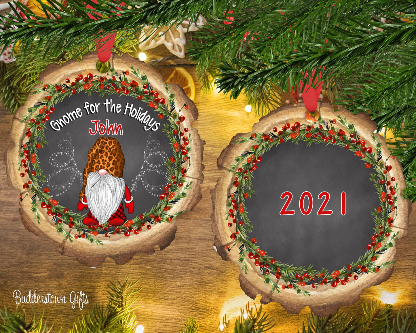 Gnome Boy/Male - 3 to Choose From - Berry Wreath -  Wood Slice - Personalized Ornament - Gnome for the Holidays
