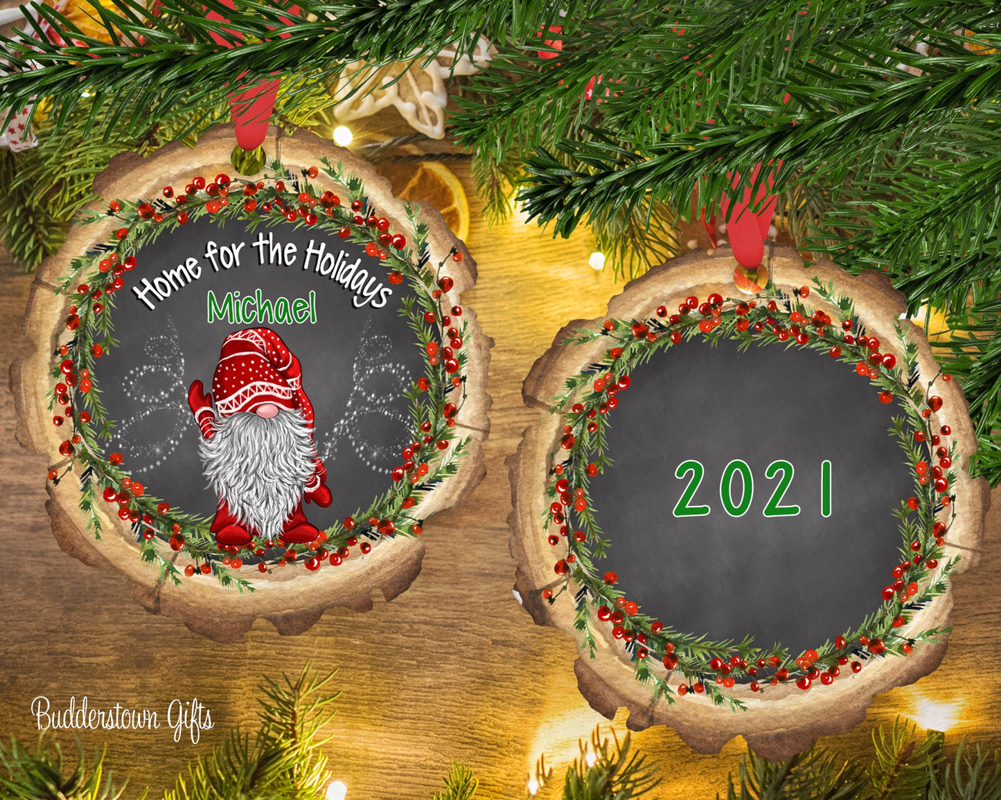 Gnome Boy/Male - 3 to Choose From - Berry Wreath -  Wood Slice - Personalized Ornament - Gnome for the Holidays