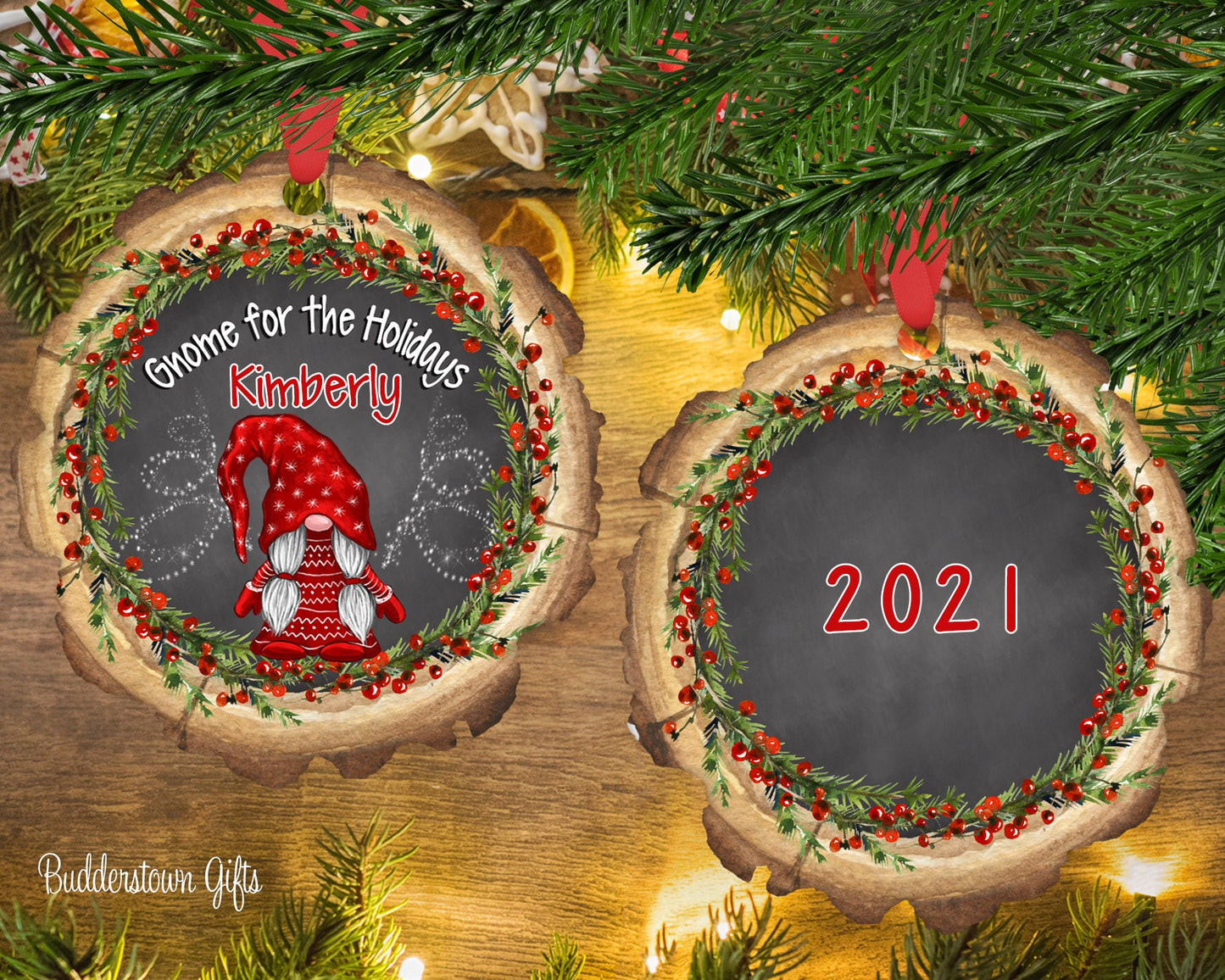 Gnome Girl/Female - 2 to Choose From - Berry Wreath -  Wood Slice - Personalized Ornament - Gnome for the Holidays