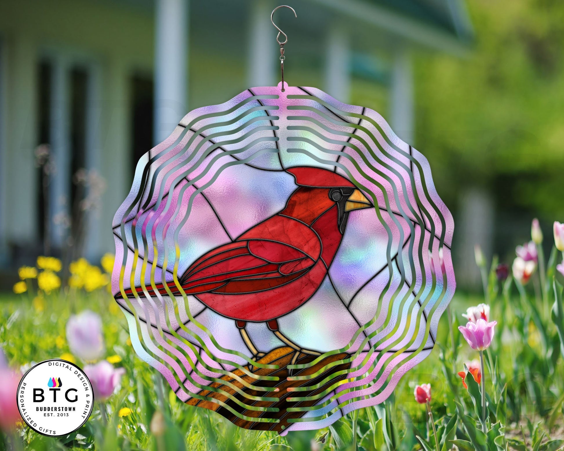 CARDINAL Wind Spinner with Stained Glass Effect | Double-Sided Design | 10-Inch Round Size