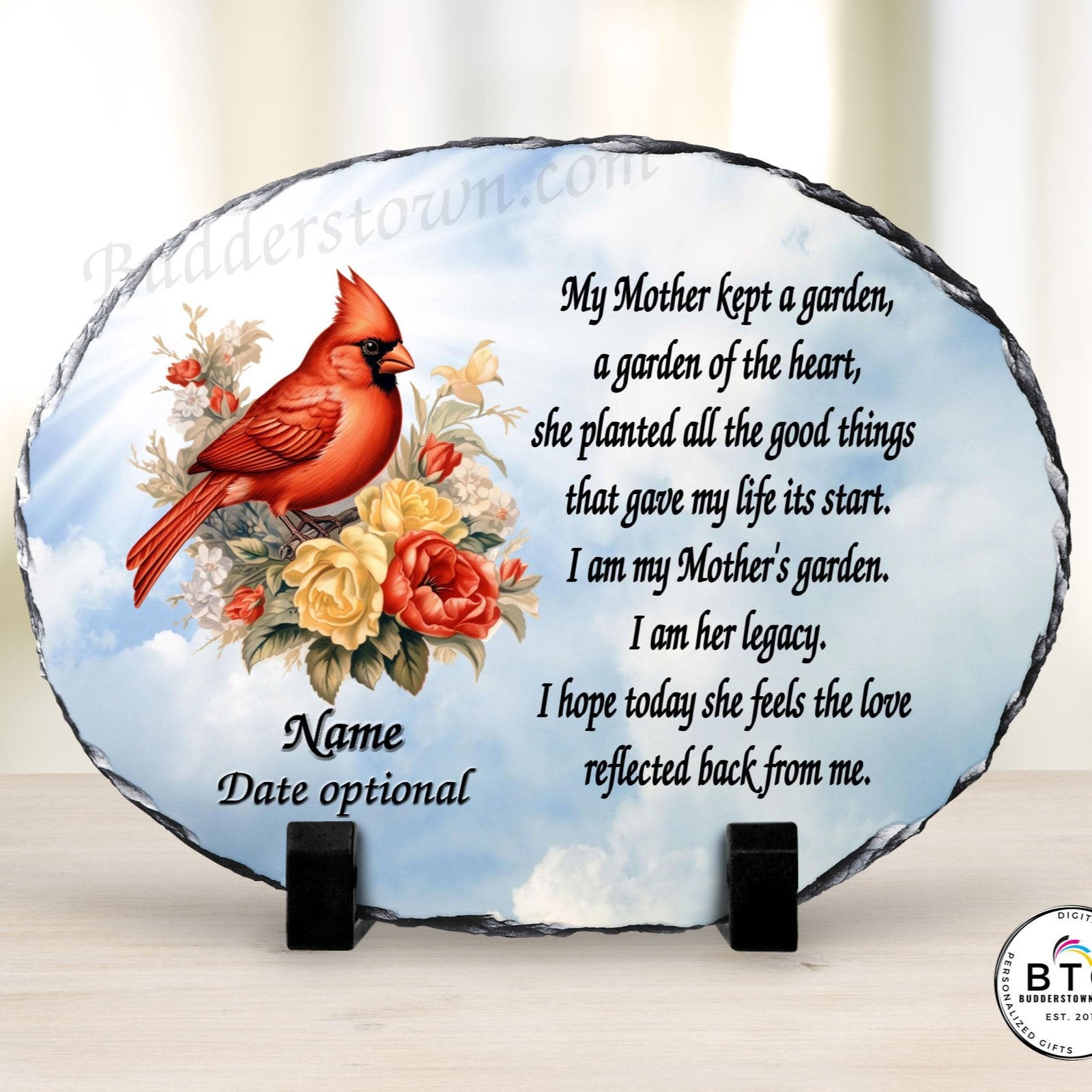 oval stone slate with cloud background, cardinal and poem