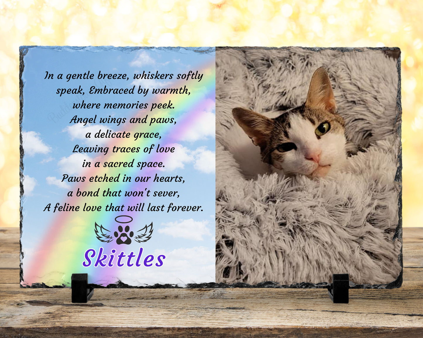 natural slate gift is not just a keepsake; it transforms any photo into a personalized remembrance of your beloved pet. Whether you're purchasing this loss of pet memorial for yourself or sending it as a thoughtful gift to someone mourning the loss of their pet, our 7 1/2" x 11" photo slate is a perfect tribute.