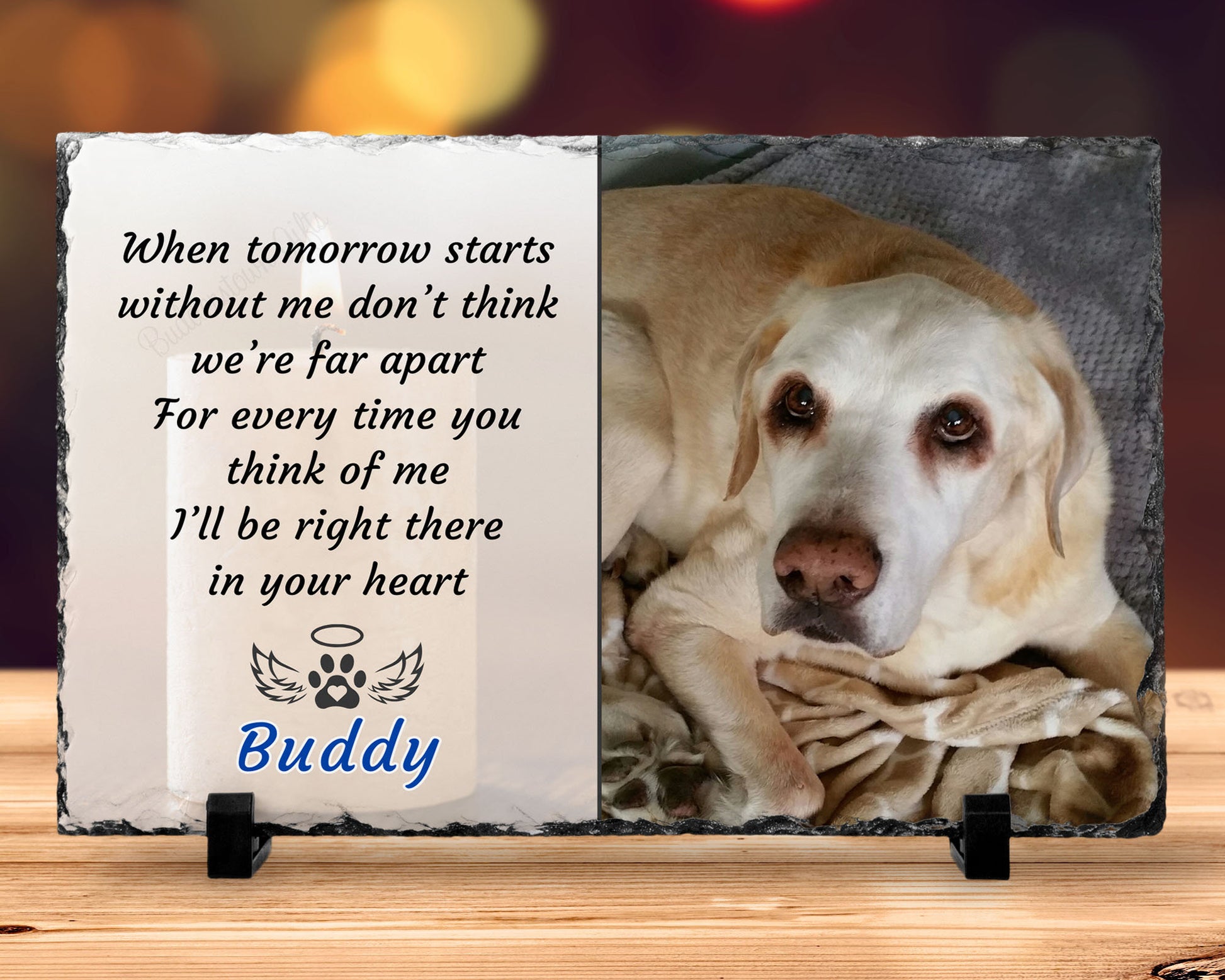 natural slate gift is not just a keepsake; it transforms any photo into a personalized remembrance of your beloved pet. Whether you're purchasing this loss of pet memorial for yourself or sending it as a thoughtful gift to someone mourning the loss of their pet, our 7 1/2" x 11" photo slate is a perfect tribute.