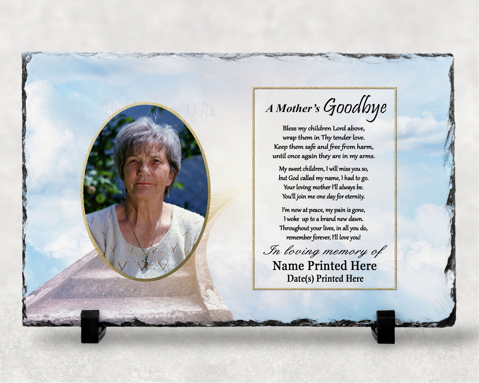 7 1/2 x 11 inches, this memorial plaque with printed photo is the perfect. The stone features a heartwarming A Mother's Goodbye poem serving as a constant reminder of your mother's enduring love and legacy.