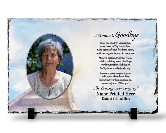 Mom Memorial, Loss of Mom Gift, Loss of Mother Sympathy Gift, Personalized

A Mothers Goodbye Poem
7x11 with printed photo